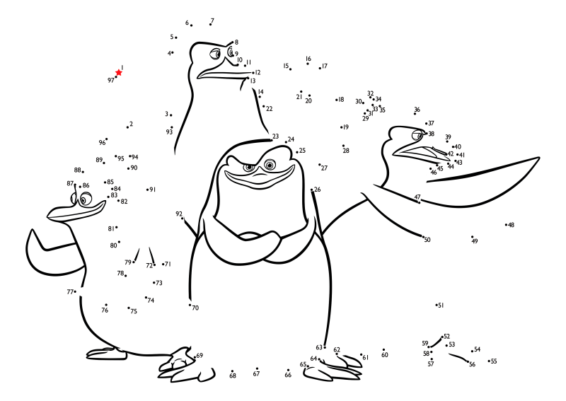 Раскраска - Пингвины Мадагаскара - Пингвины - соедини точки