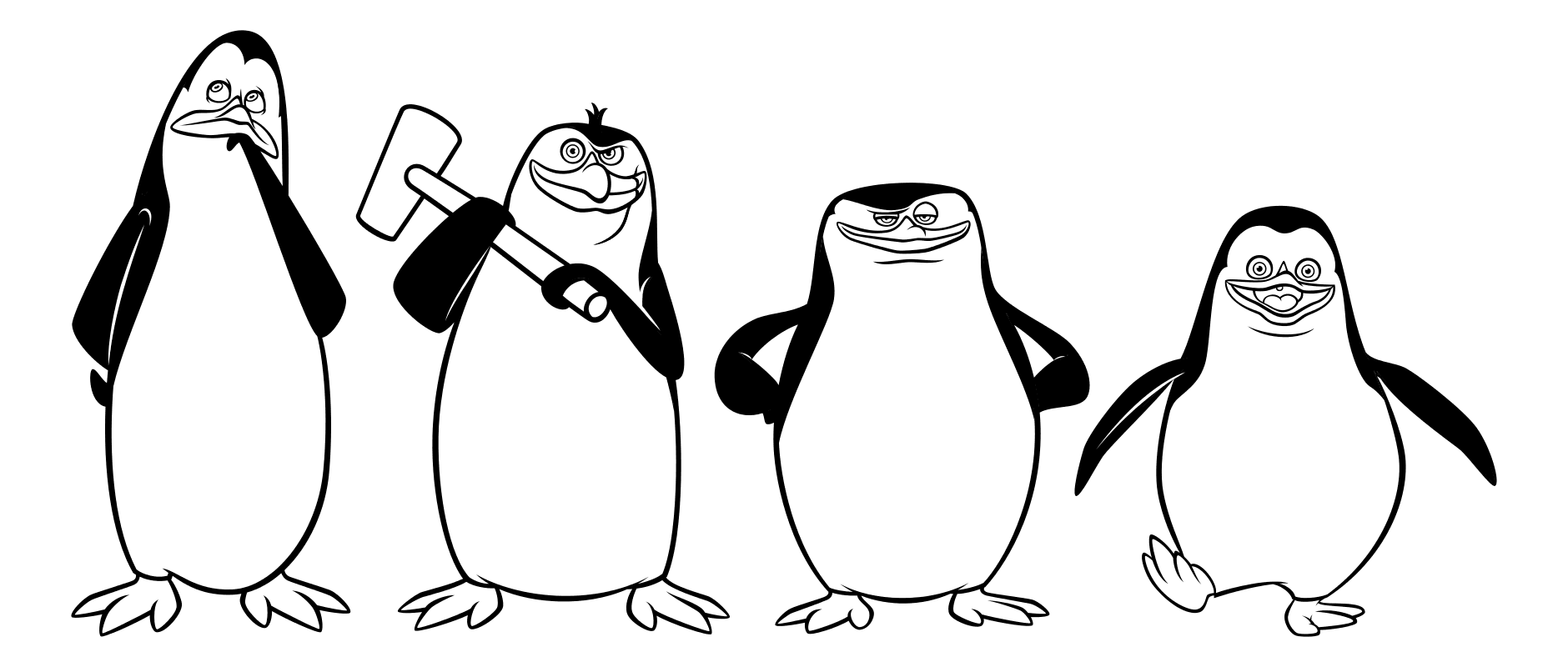 Раскраска - Пингвины Мадагаскара - Пингвины Ковальски, Рико, Шкипер и Рядовой