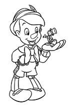 Раскраска - Пиноккио - Сверчок Джимини на руке у Пиноккио