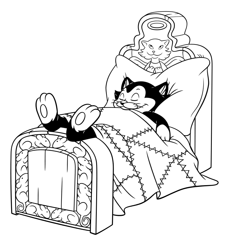 Раскраска - Пиноккио - Котёнок Фигаро спит в кроватке