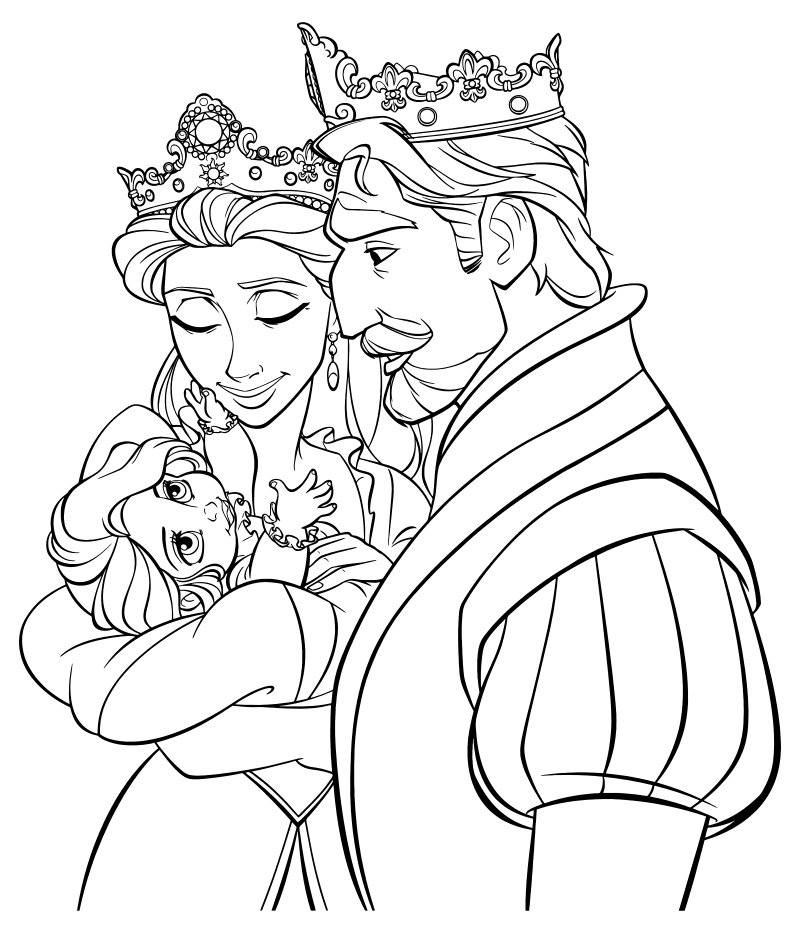 Раскраска - Рапунцель: Запутанная история - Король и Королева с маленькой Рапунцель