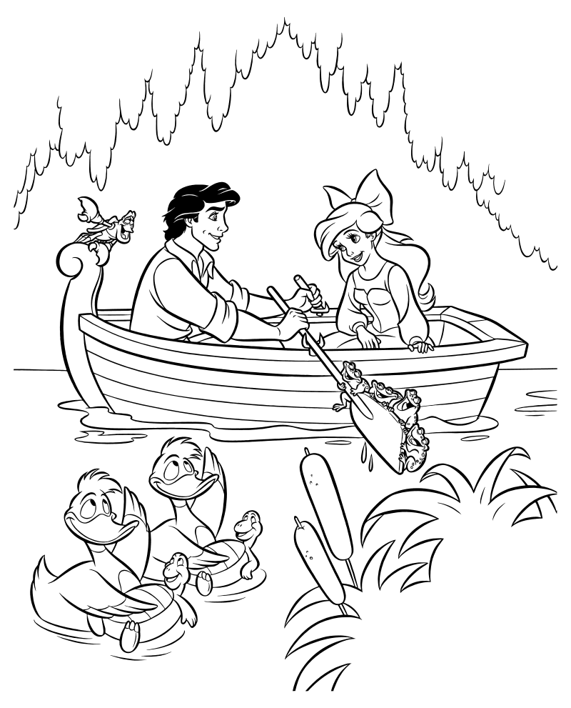 Раскраска - Русалочка - Эрик и Ариэль катаются на лодке