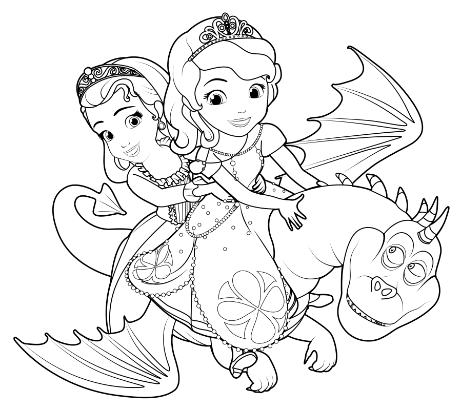 Раскраска Принцессы София и Эмбер на драконе