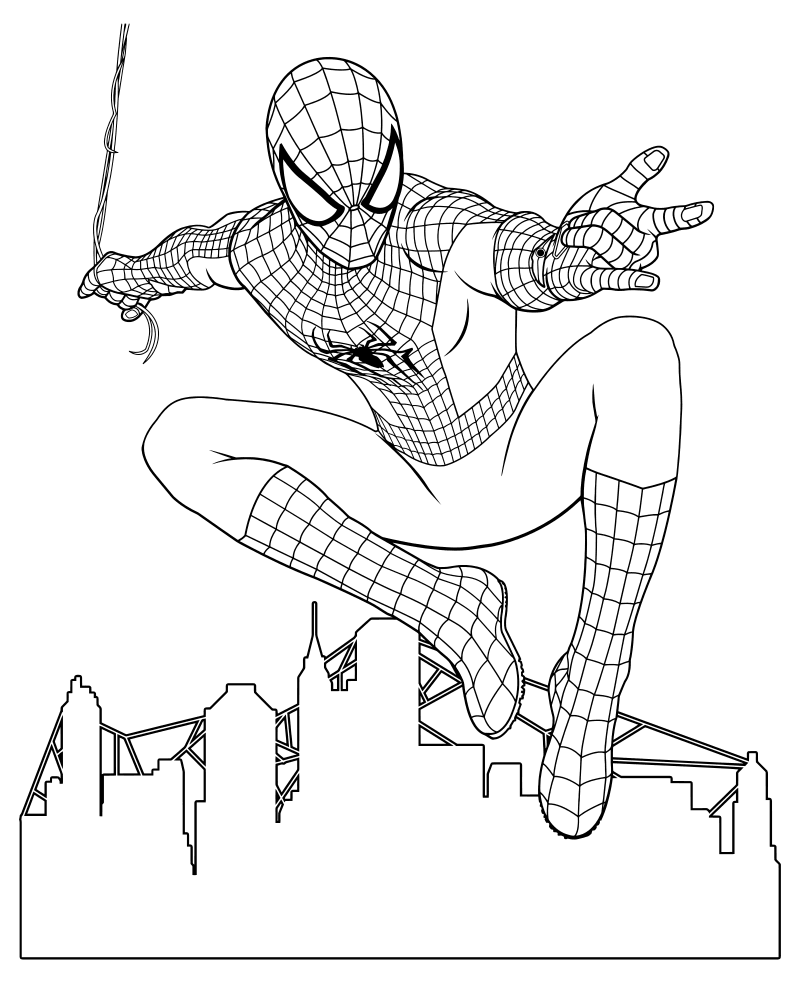 Раскраска - Совершенный Человек-паук - Человек-паук над городом