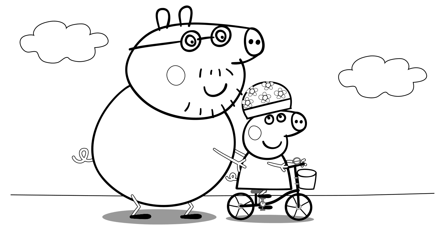 Раскраска - Свинка Пеппа - Папа Свин учит Пеппу кататься на велосипеде