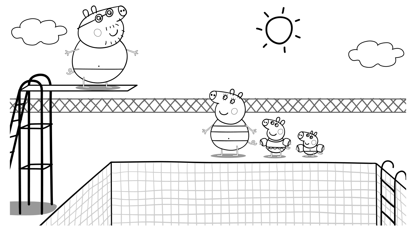 Раскраска - Свинка Пеппа - Папа Свин с семьёй в бассейне