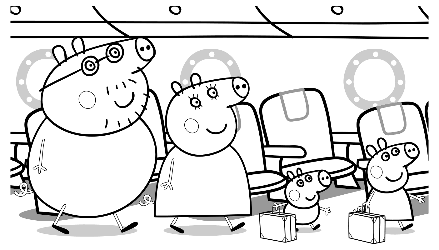 Раскраска - Свинка Пеппа - Папа Свин, Мама Свинка, Джордж и Пеппа в самолёте