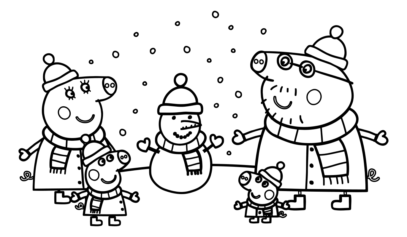 Раскраска - Свинка Пеппа - Мама Свинка, Пеппа, Джордж, Папа Свин и снеговик