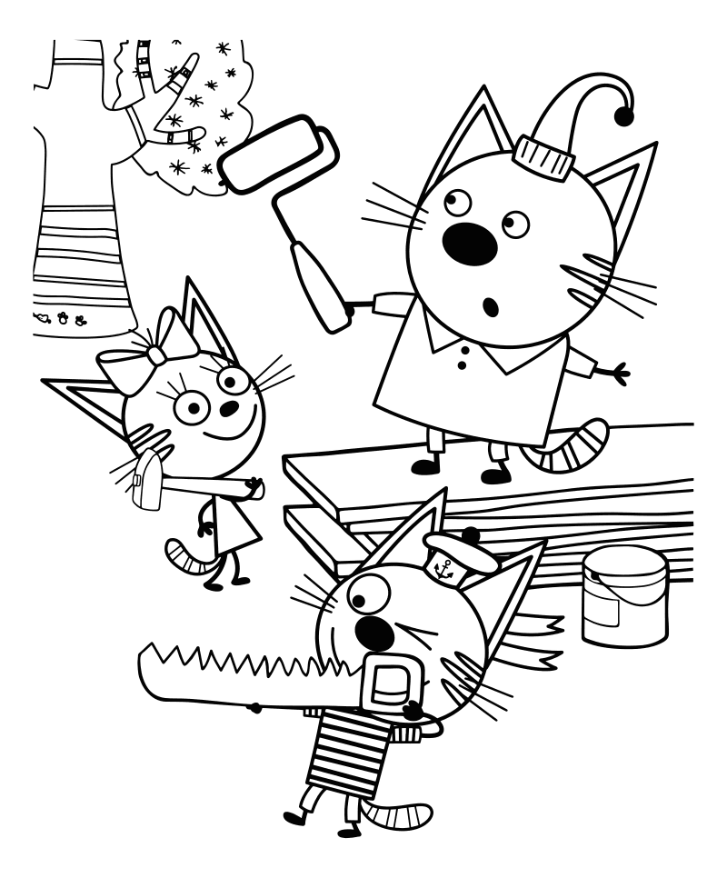 Раскраска - Три кота - Карамелька, Коржик и Компот строят домик