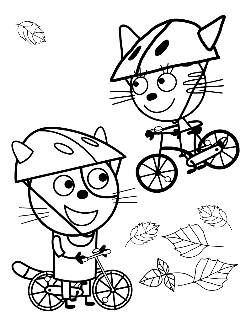 Раскраска - Три кота - Гоня и Карамелька на велосипедах