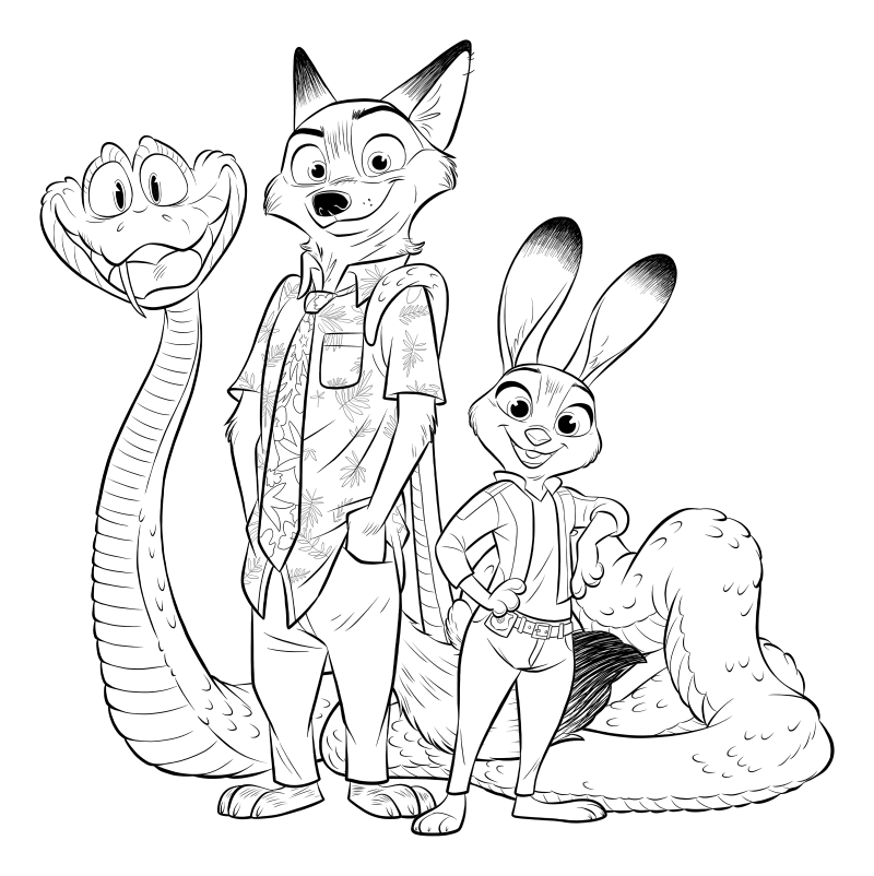 Раскраска - Зверополис 2 - Гари Змея, Ник и Джуди