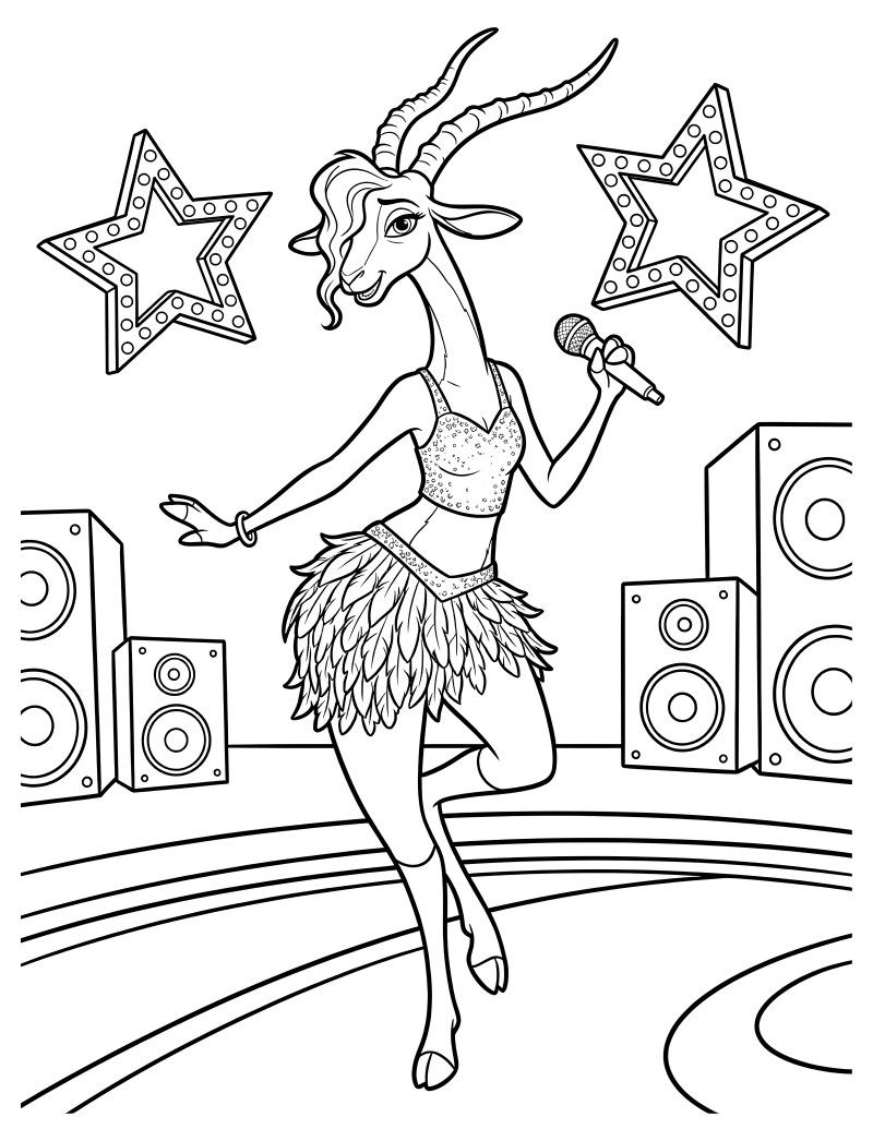 Раскраска - Зверополис 2 - Репетиция Газелле на сцене