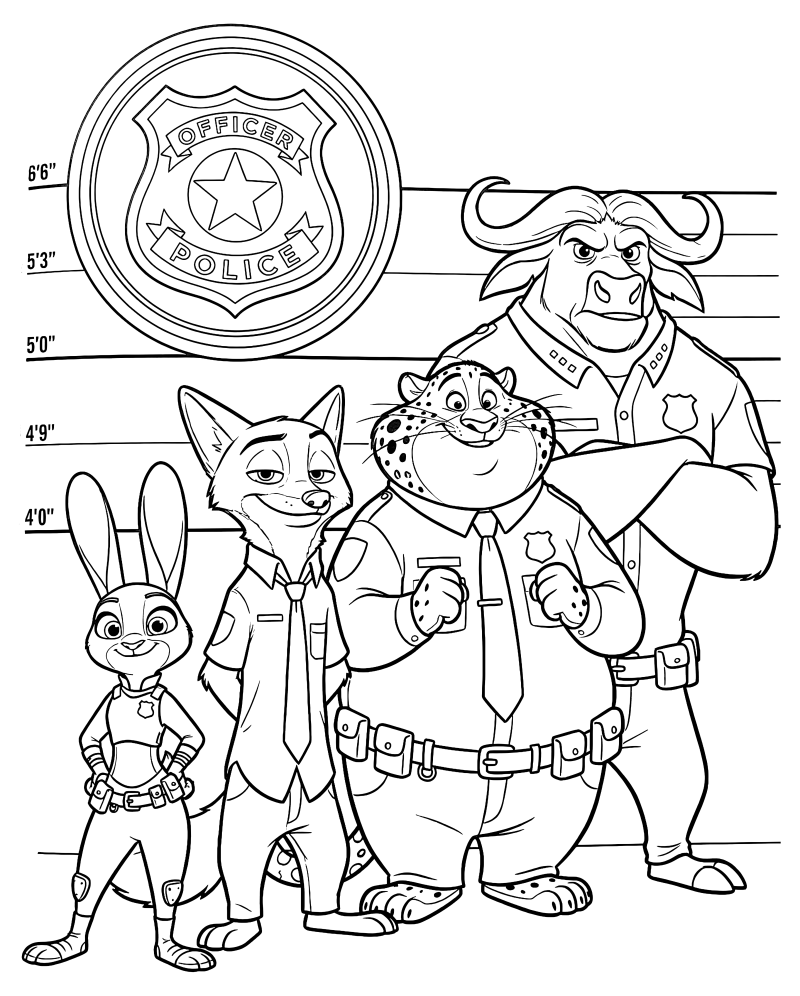 Раскраска - Зверополис 2 - Построение отряда полиции Зверополиса