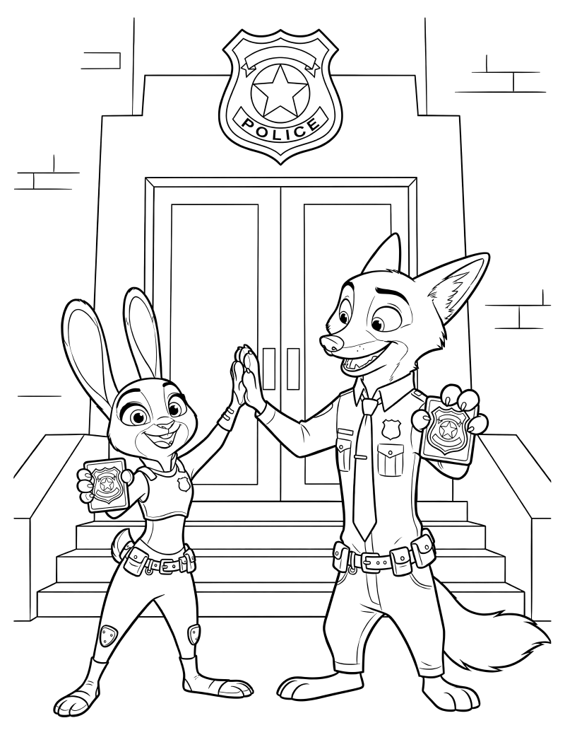 Раскраска - Зверополис 2 - Джуди и Ник дают друг другу 