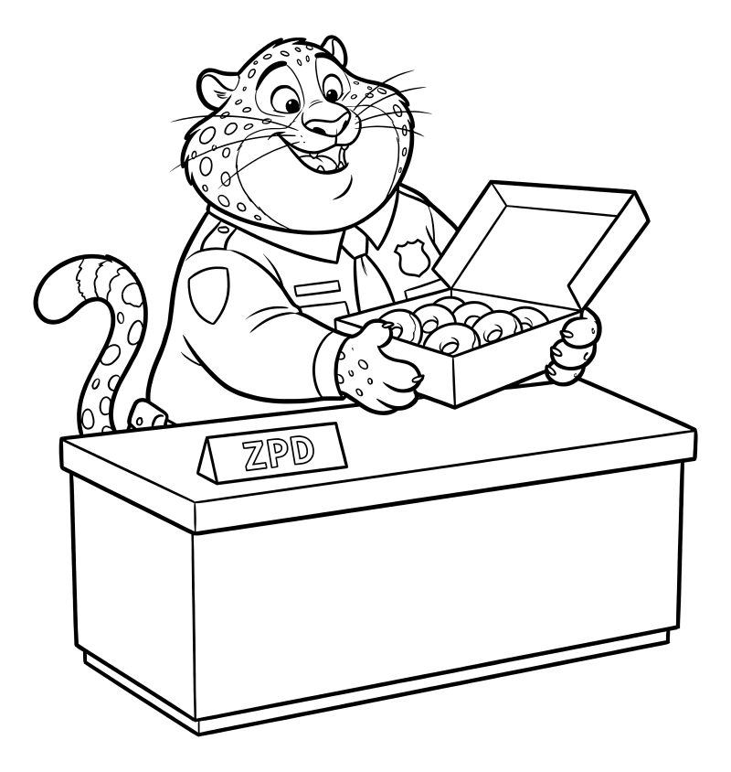 Раскраска - Зверополис 2 - Бенджамин Когтяузер с коробкой пончиков