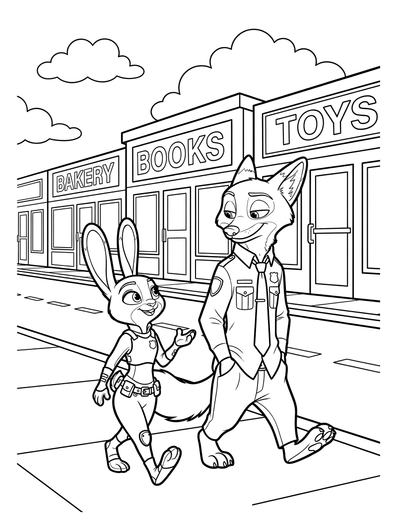 Раскраска - Зверополис 2 - Джуди и Ник патрулируют улицы