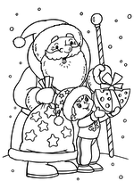 Раскраска - Новый год - Дед Мороз с мальчиком дарят сыр