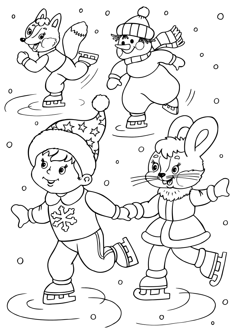 Раскраска - Новый год - Лисёнок, снеговик, мальчик и зайка на коньках