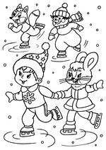 Лисёнок, снеговик, мальчик и зайка на коньках
