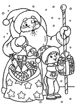 Раскраска - Новый год - Дед Мороз с мальчиком дарят мёд
