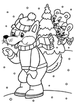 Раскраска - Новый год - Волчонок, мишка и зайка