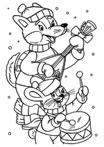 Раскраска - Новый год - Волчонок и зайка - музыканты