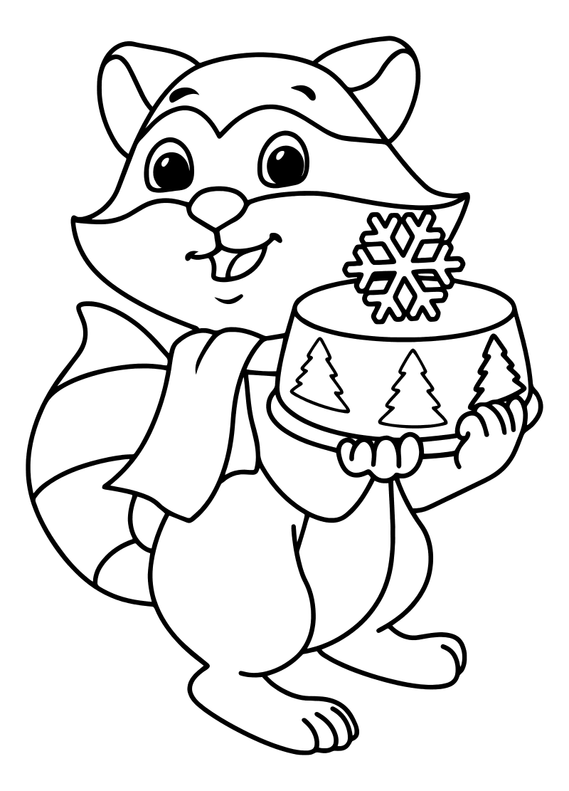 Раскраска - Новый год - Енот с праздничным тортом