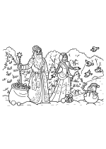 Раскраска - Новый год - Дед Мороз и Снегурочка со снеговиком