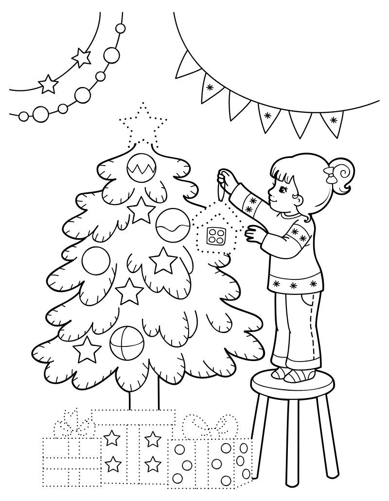 Раскраска - Новый год - Девочка наряжает ёлку