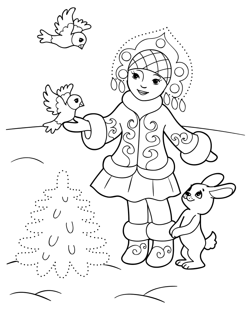 Раскраска - Новый год - Снегурочка с зайчиком и птичками