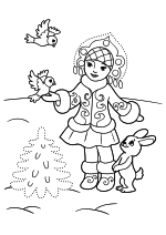 Раскраска - Новый год - Снегурочка с зайчиком и птичками