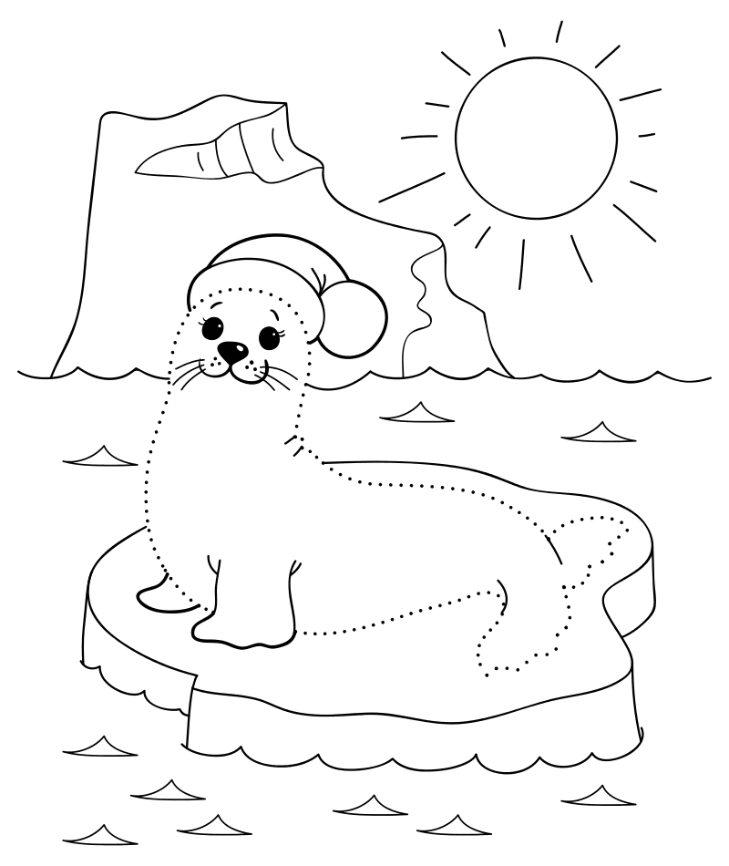 Раскраска - Новый год - Тюлень на льдине