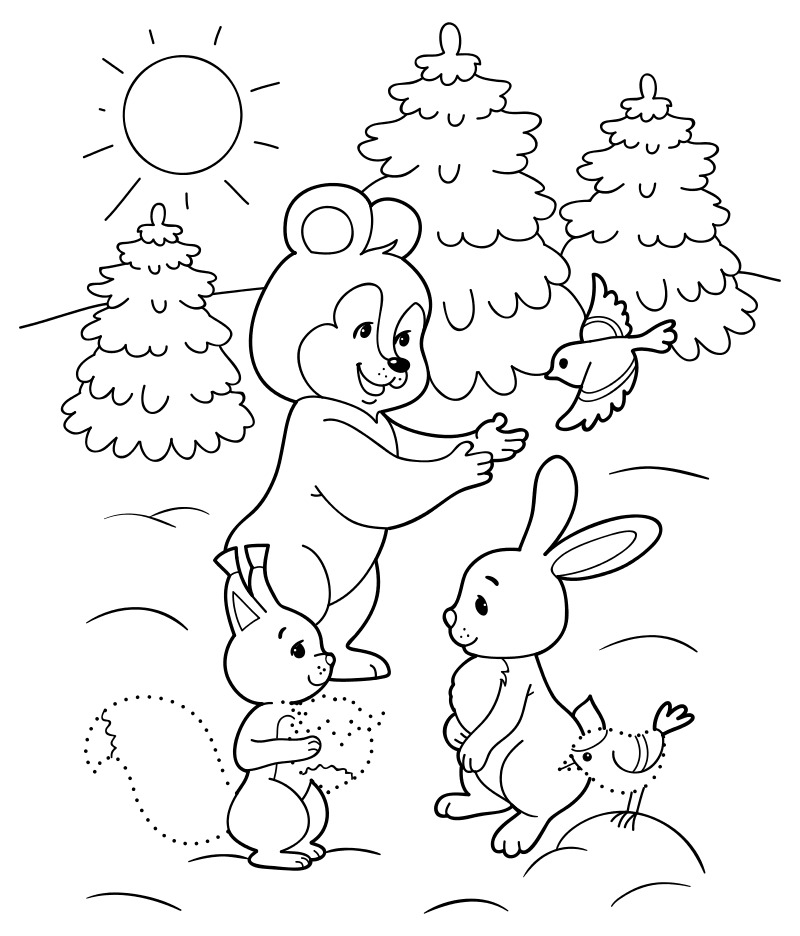 Раскраска - Новый год - Мишка, белка и зайчик