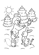 Раскраска - Новый год - Мишка, белка и зайчик