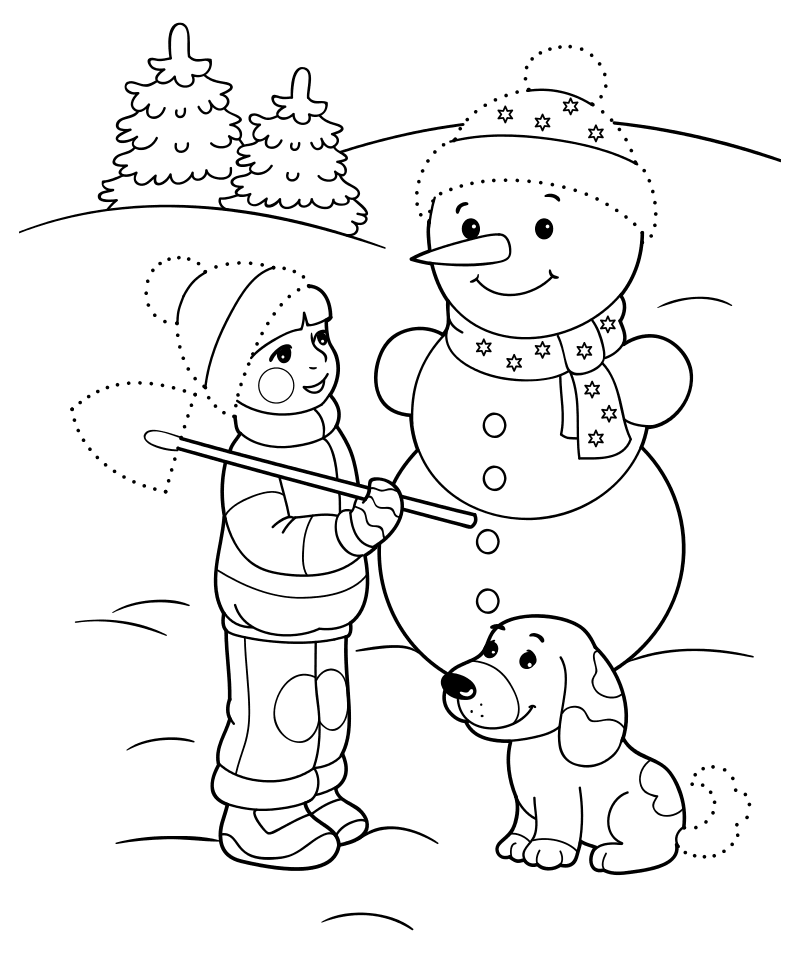 Раскраска - Новый год - Девочка, снеговик и собака