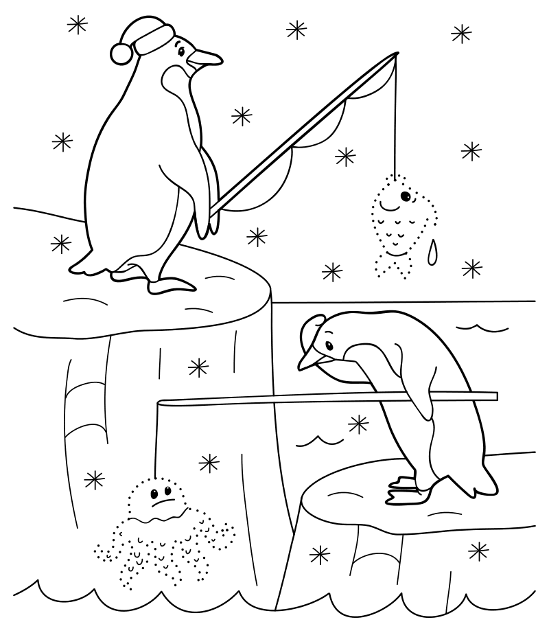 Раскраска - Новый год - Пингвины рыбачат