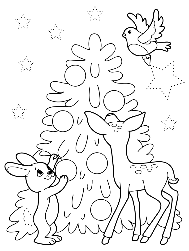 Раскраска - Новый год - Зайка, оленёнок и птичка наряжают ёлку