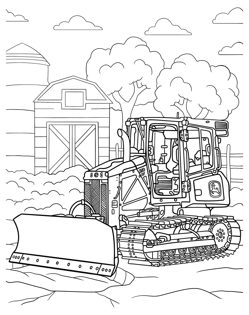 Раскраска - Бульдозеры - Подробный бульдозер John Deere на ферме