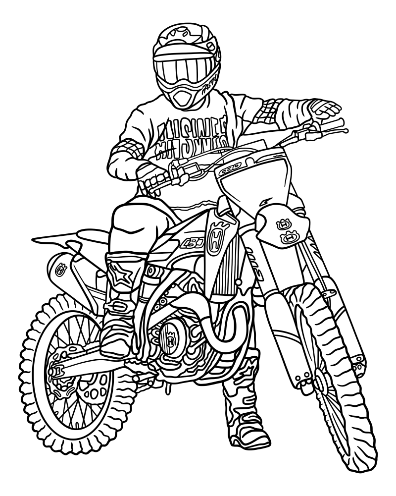 Раскраска - Кроссовые мотоциклы - Мотоциклист на кроссовом мотоцикле Husqvarna