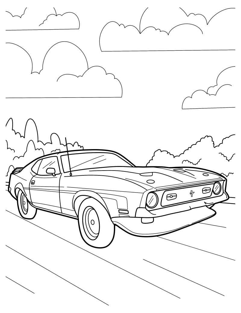 Раскраска - Легковые автомобили - Винтажный американский автомобиль Muscle Mustang