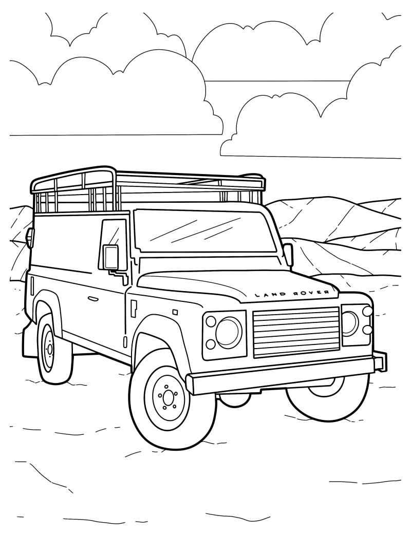 Раскраска - Легковые автомобили - Land Rover едет по бездорожью
