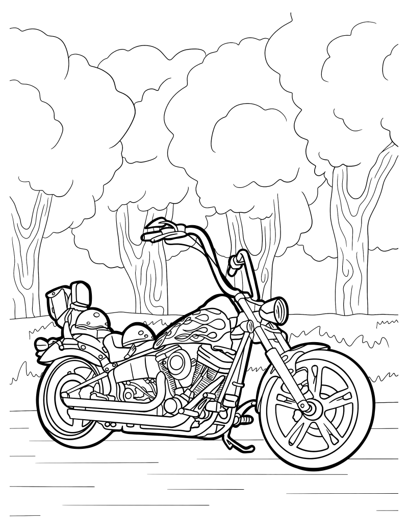 Раскраска - Мотоциклы - Мотоцикл Harley Davidson с пламенем