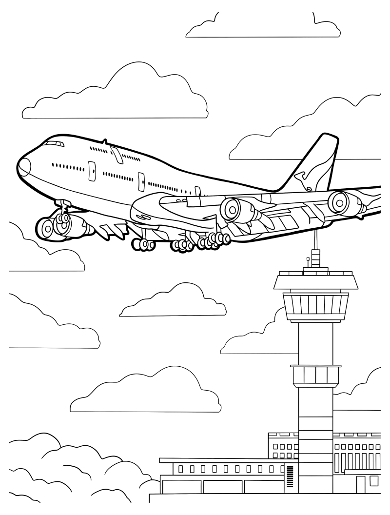 Раскраска - Самолёты - Самолёт Boeing 747 в аэропорту