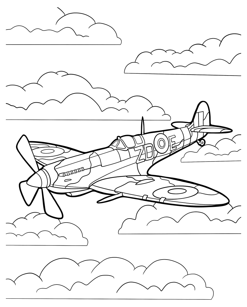 Раскраска - Самолёты - Самолёт Spitfire летит в небе