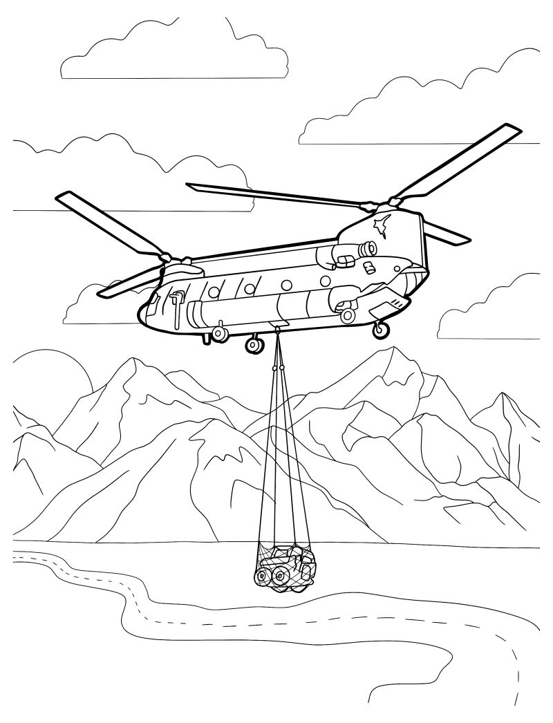 Раскраска - Вертолёты - Вертолёт Chinook перевозит джип