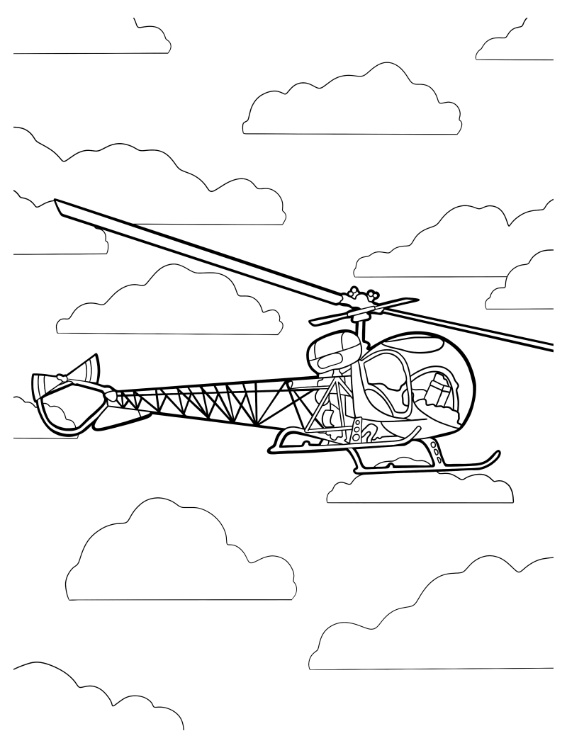 Раскраска - Вертолёты - Вертолёт Bell 47 летит в небе