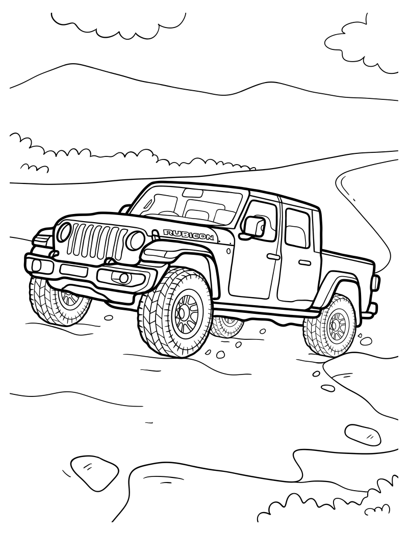 Раскраска - Внедорожники - Jeep Wrangler припаркован на грязной дороге