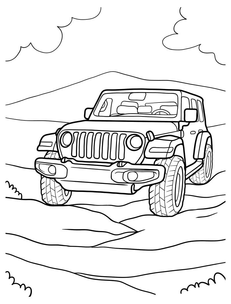 Раскраска - Внедорожники - Jeep на фоне гор