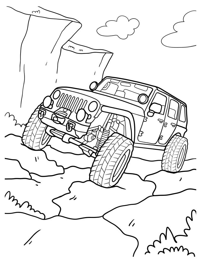 Раскраска - Внедорожники - Jeep Evolution на каменистой дороге