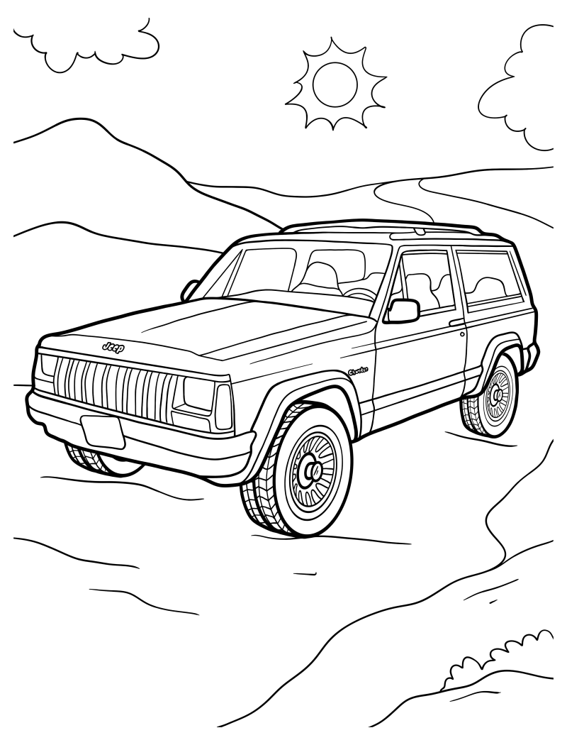 Раскраска - Внедорожники - Jeep в солнечный день
